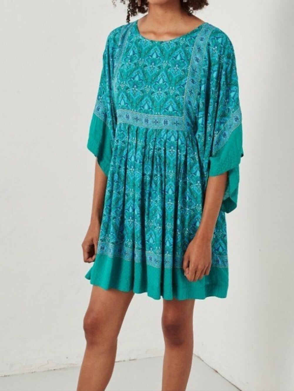 Boho Luxe Beach Coverup Turquoise Printed Butterfly Sleeve Tunic Dress | M/L